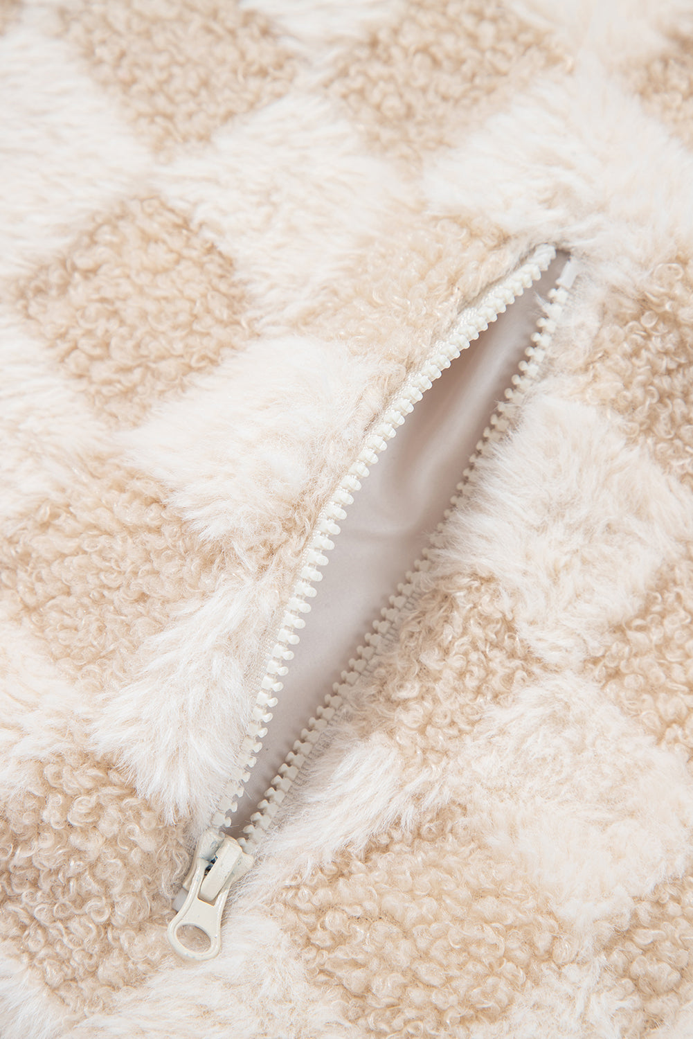 Khaki Checker Sherpa Corduroy Patchwork Zip up Collared Jacket