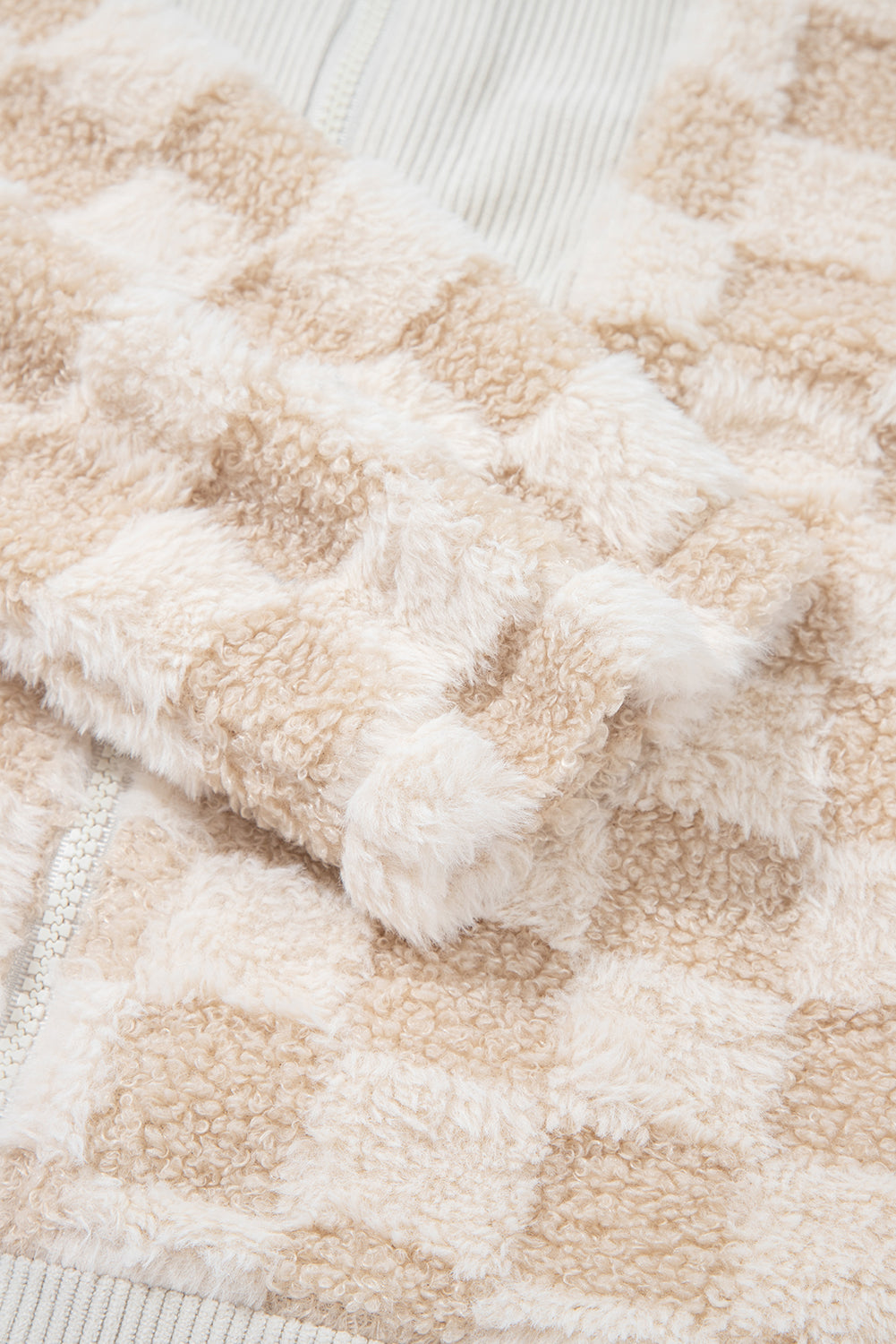 Khaki Checker Sherpa Corduroy Patchwork Zip up Collared Jacket