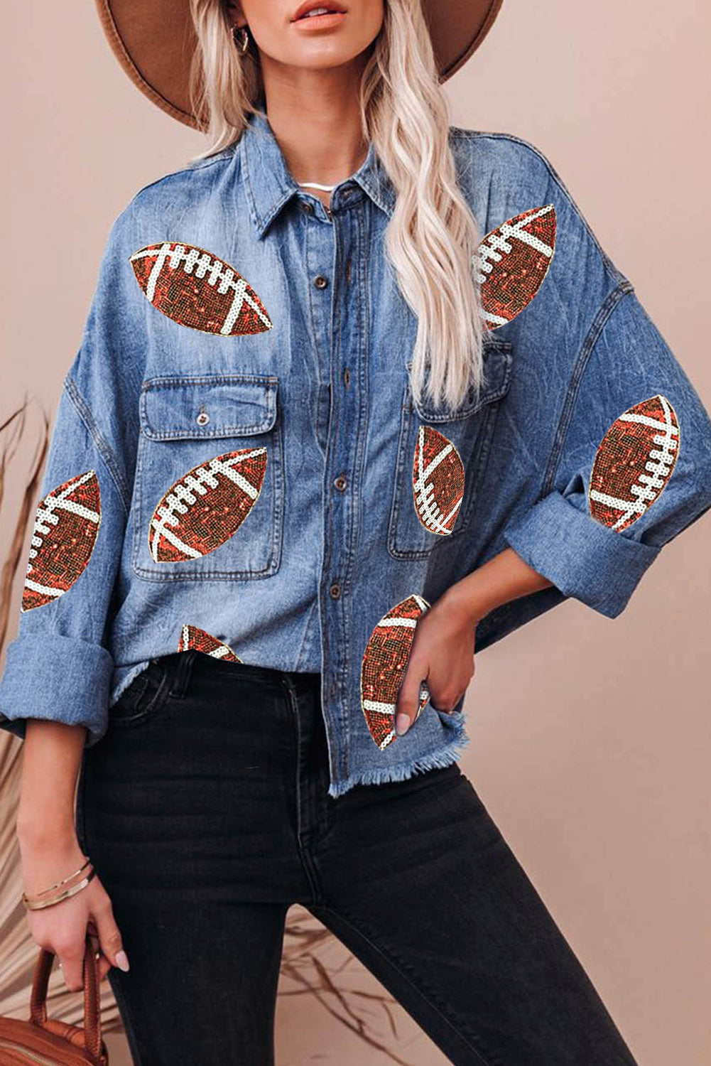 Sky Blue Sequin Football Graphic Flap Pockets Raw Hem Game Day Denim Jacket