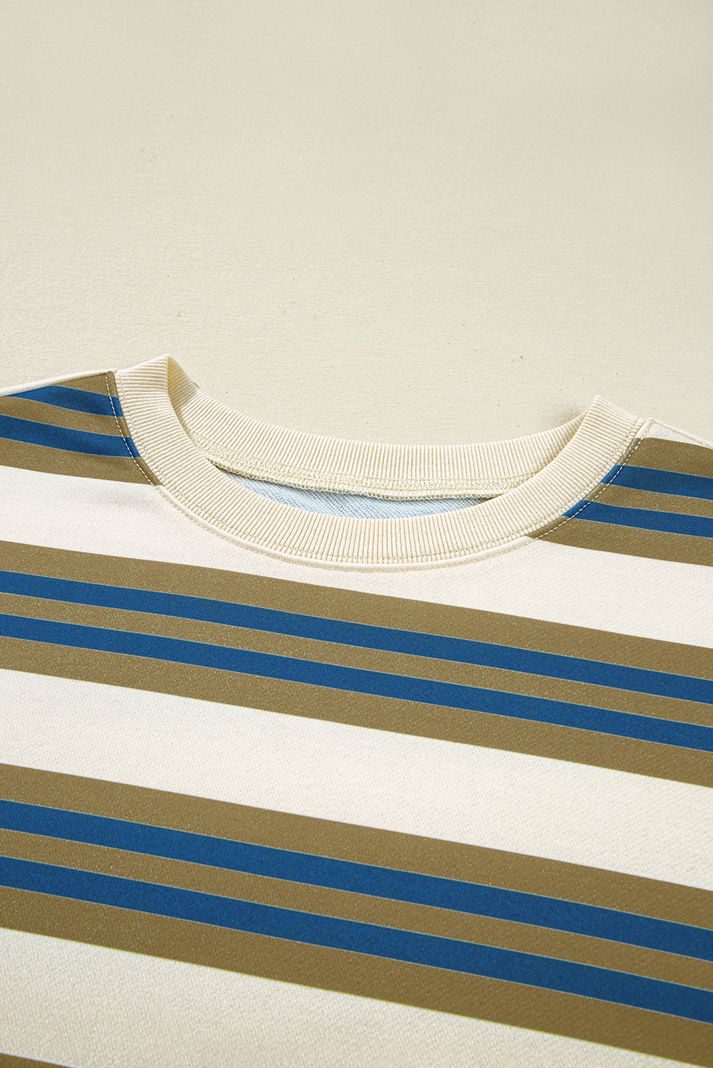 Khaki Stripe Crew Neck Drop Shoulder Pullover Sweatshirt