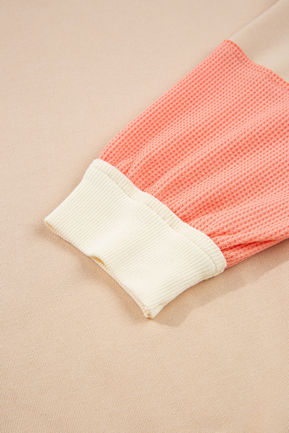 Light French Beige Color Block Textured Patchwork Pullover Sweatshirt