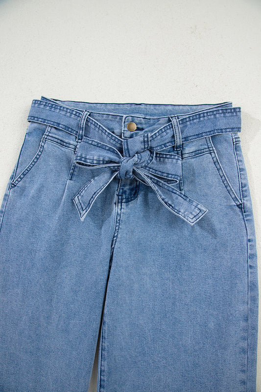Beau Blue Western Washed Bow Knot Sash Wide Leg Jeans