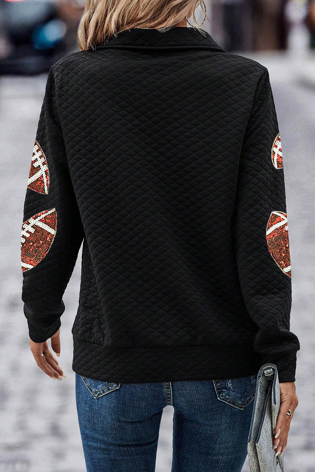 Black Sequin Football Patched Quarter Zip Textured Sweatshirt