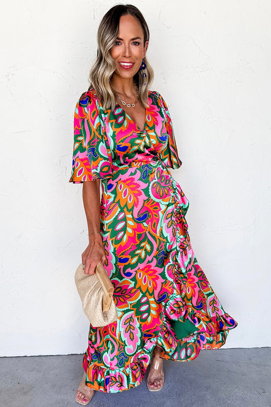 Rose Plant Print Surpliced V Neck Ruffled Asymmetric Slit Wide Short Sleeve Maxi Dress