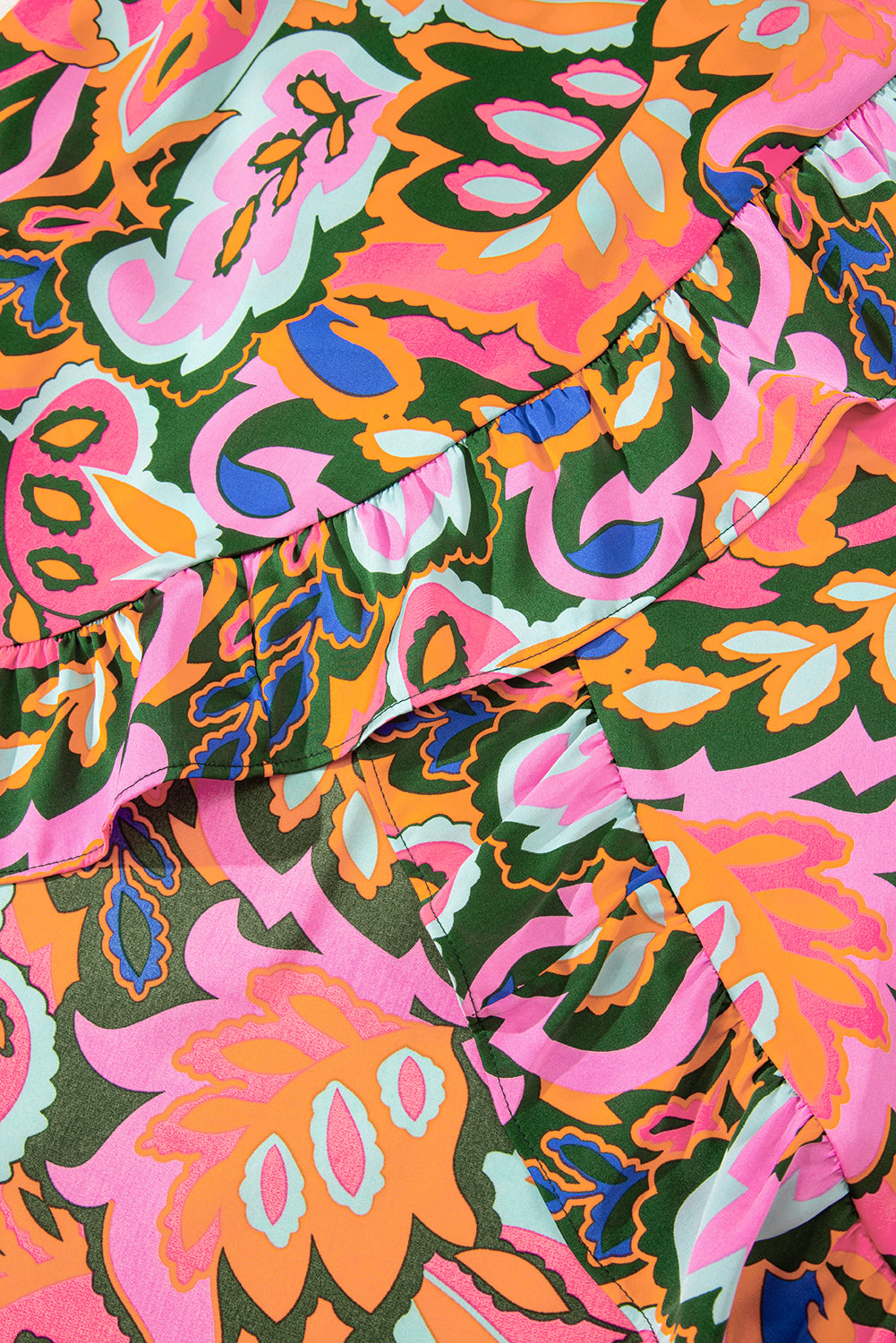 Rose Plant Print Surpliced V Neck Ruffled Asymmetric Slit Wide Short Sleeve Maxi Dress