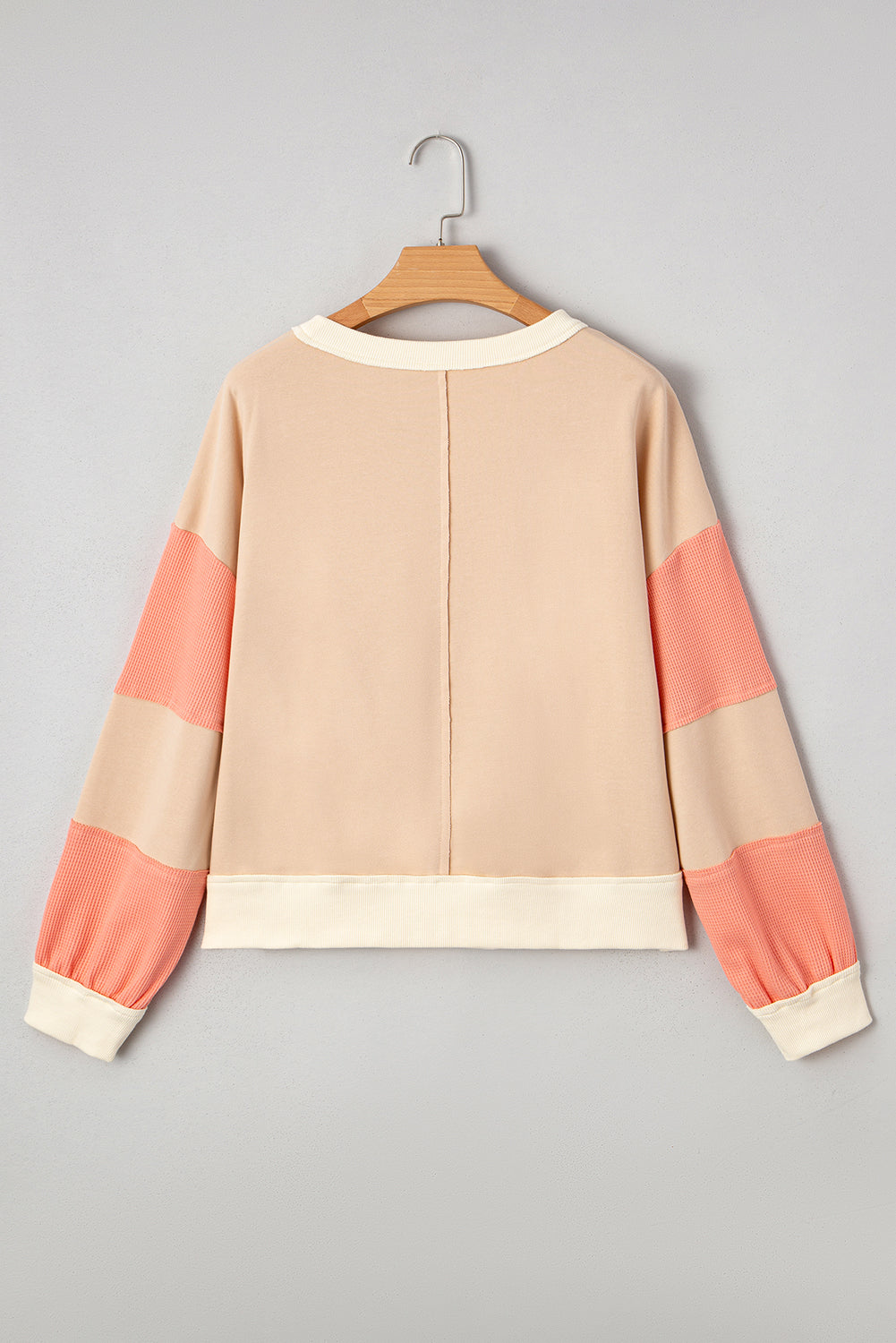 Light French Beige Color Block Textured Patchwork Pullover Sweatshirt