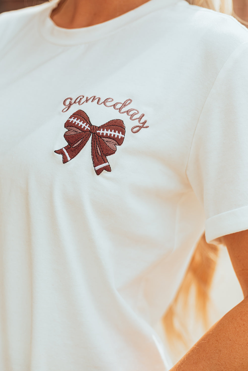 White Game Day Bowknot Embroidered Graphic Casual Tee