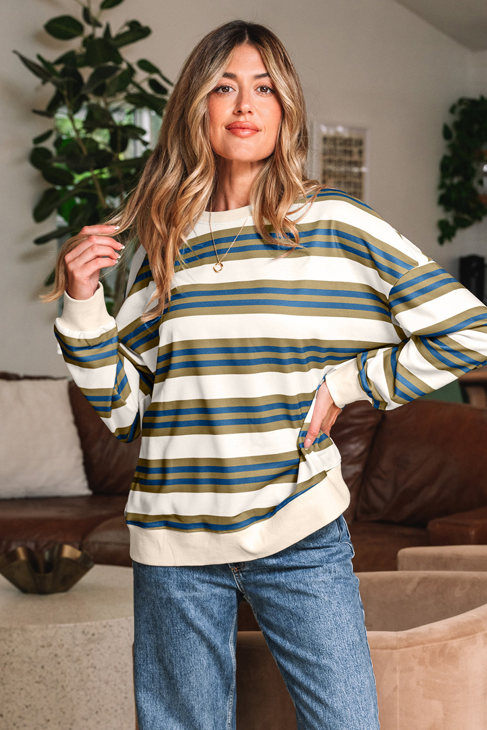 Khaki Stripe Crew Neck Drop Shoulder Pullover Sweatshirt