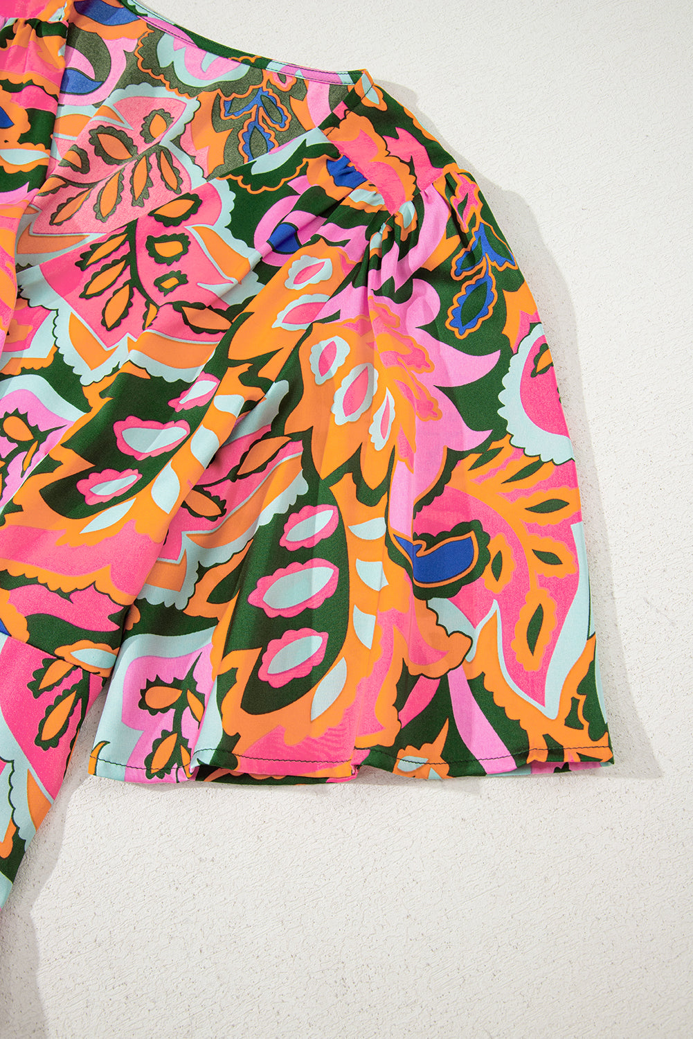 Rose Plant Print Surpliced V Neck Ruffled Asymmetric Slit Wide Short Sleeve Maxi Dress