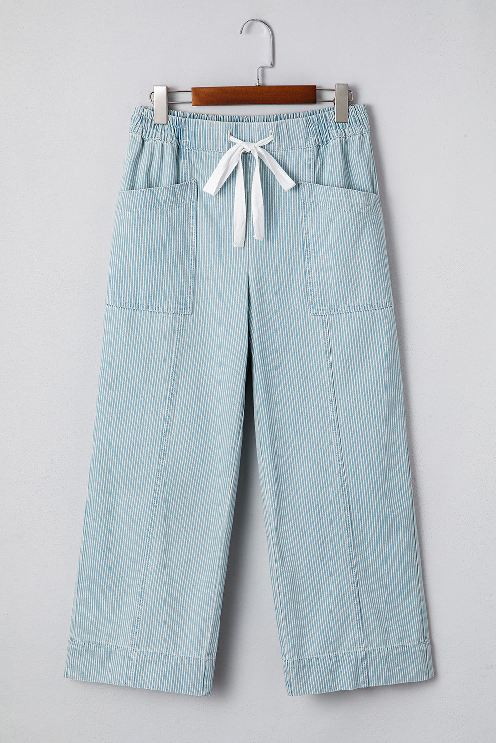 Sky Blue Stripe Mid Rise Drawstring Waist Pants