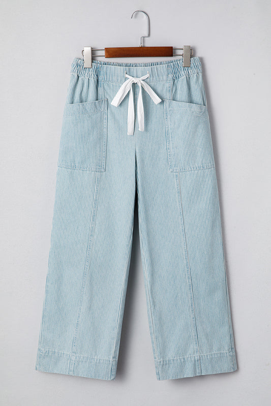 Sky Blue Stripe Mid Rise Drawstring Waist Pants