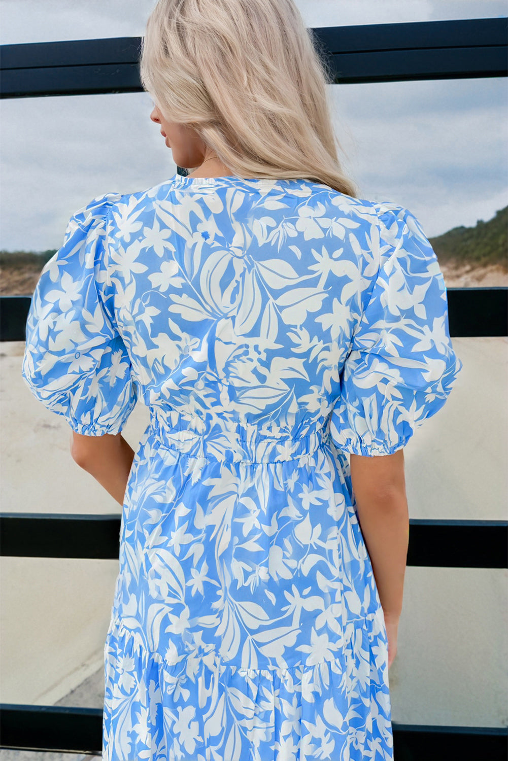 Sky Blue Floral V Neck Puff Short Sleeve Flowy Long Dress