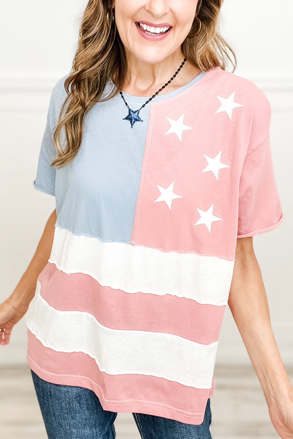 Pink Stars and Stripes Printed Crewneck Independence Day T Shirt