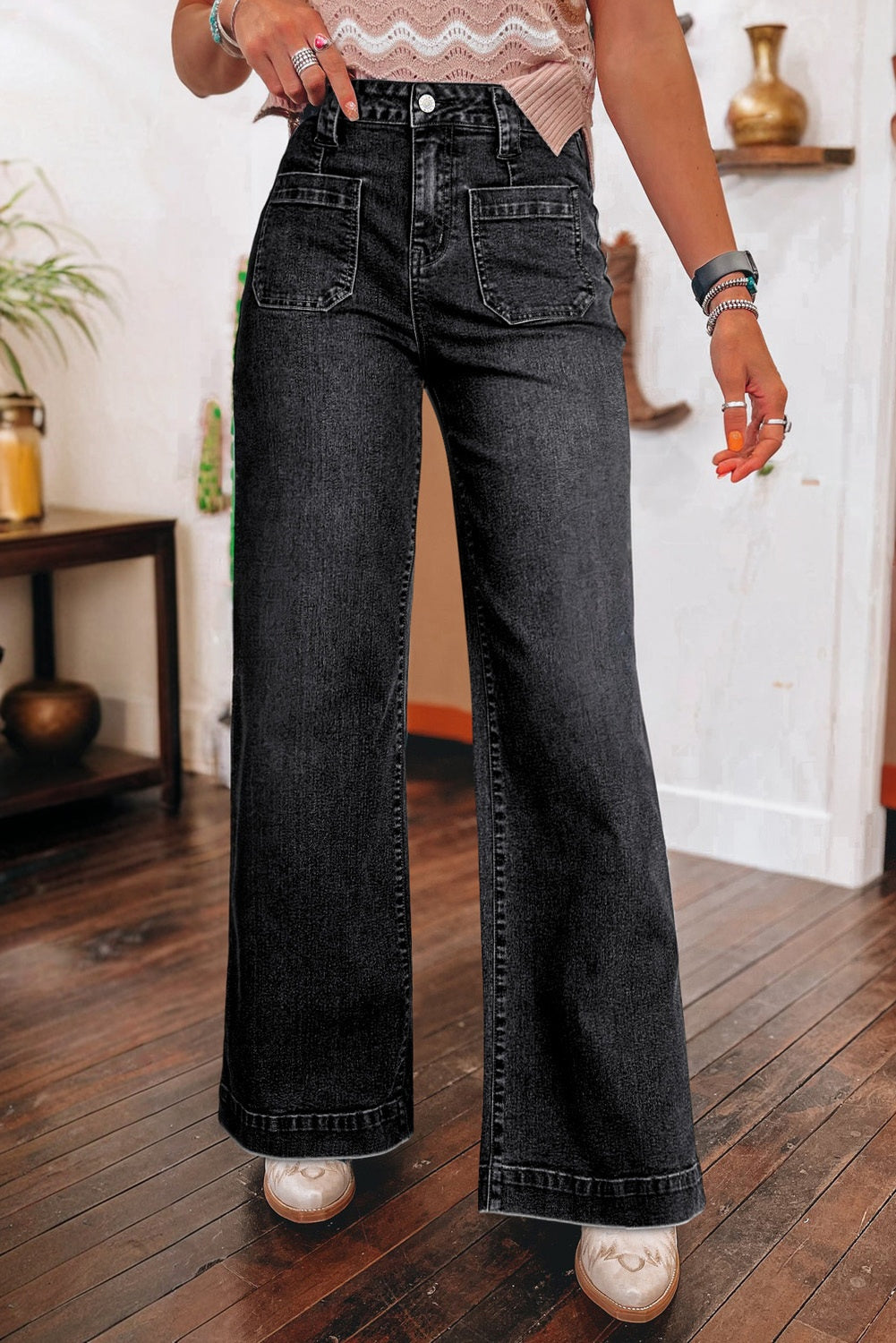 Black Wide Leg Pocketed High Waist Jeans