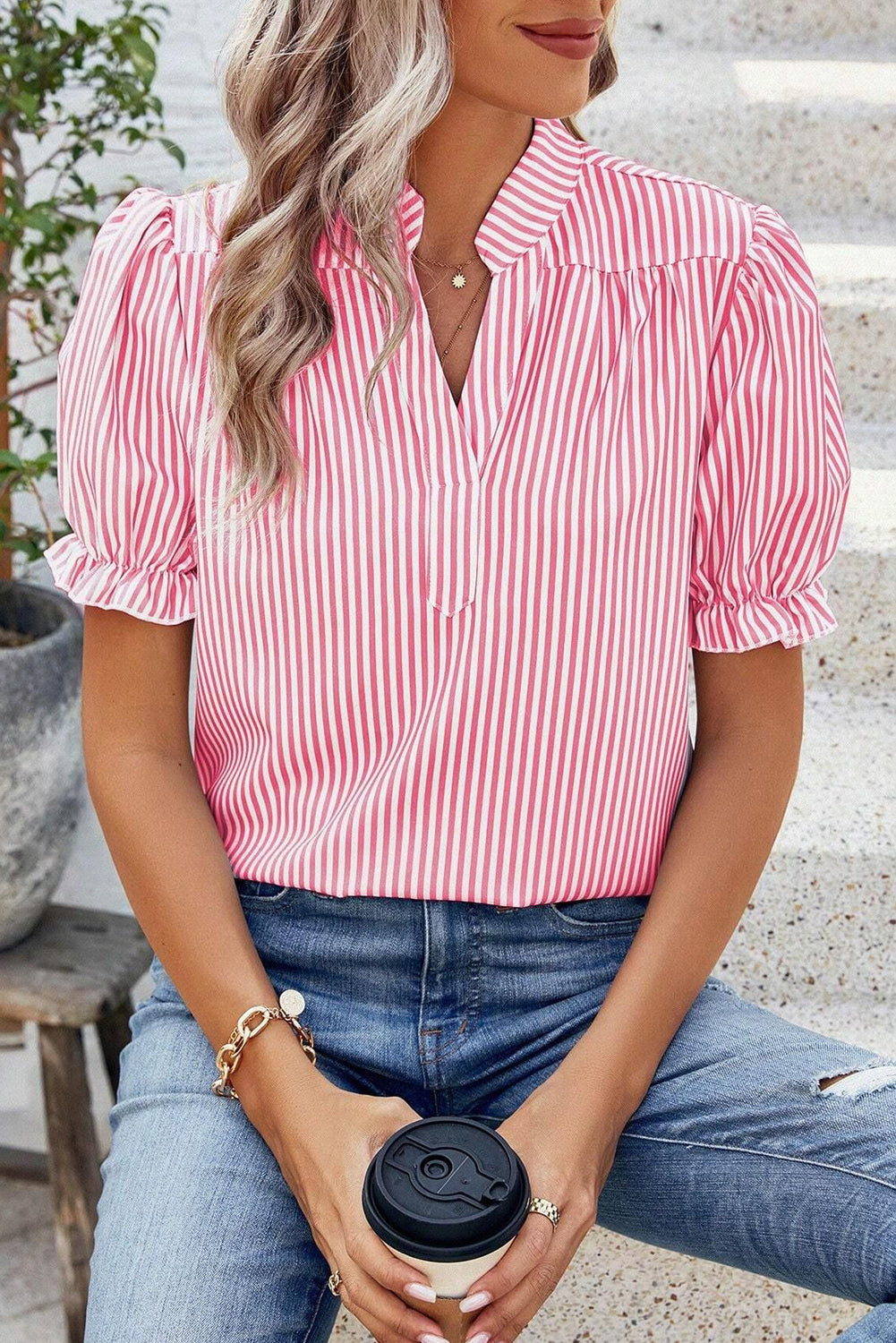 Pink Stripe Notched Neck Frilled Short Puff Sleeve Blouse