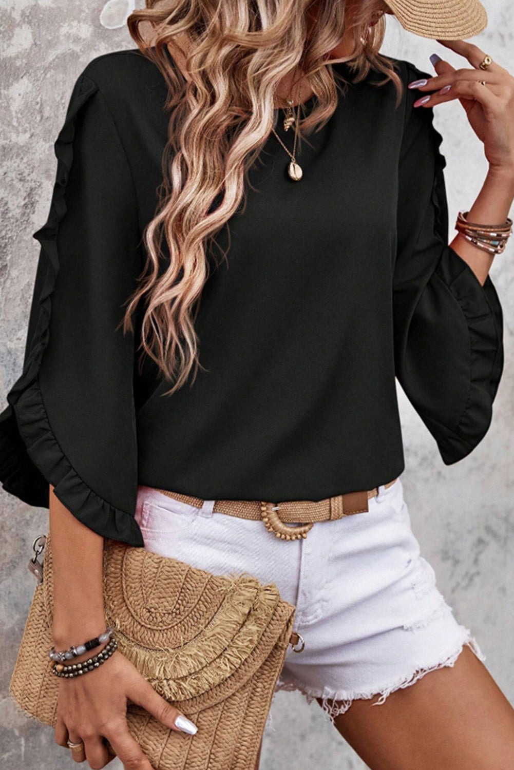 Black Ruffle Trimmed 3/4 Sleeve Round Neck Blouse