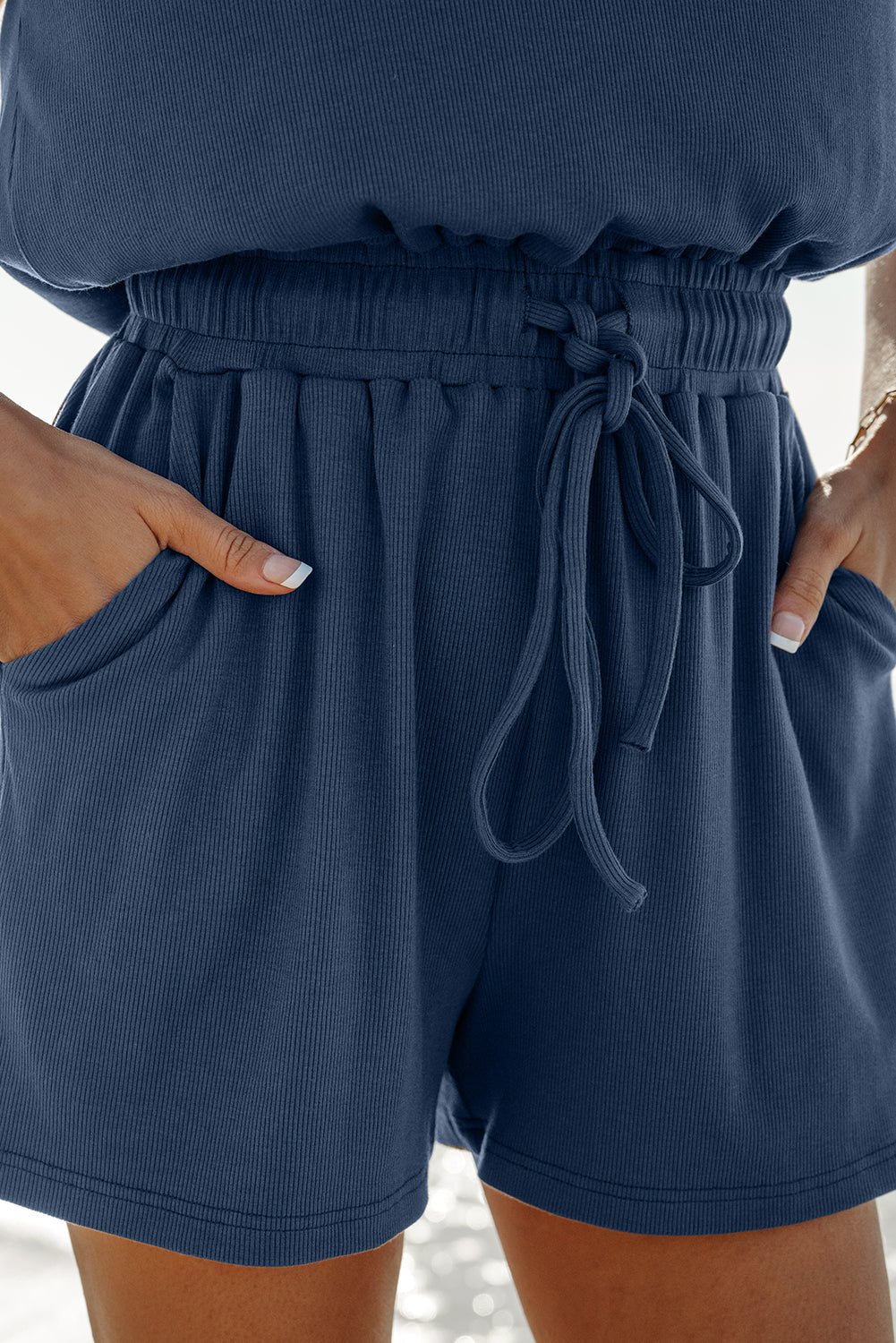 Ashleigh Blue Knit Open Back Cap Sleeve Drawstring Elastic Waistband Romper