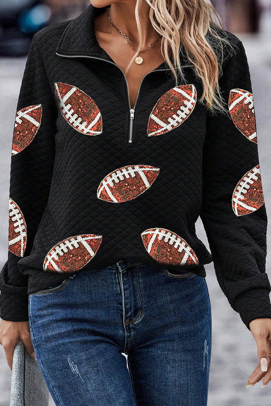 Black Sequin Football Patched Quarter Zip Textured Sweatshirt