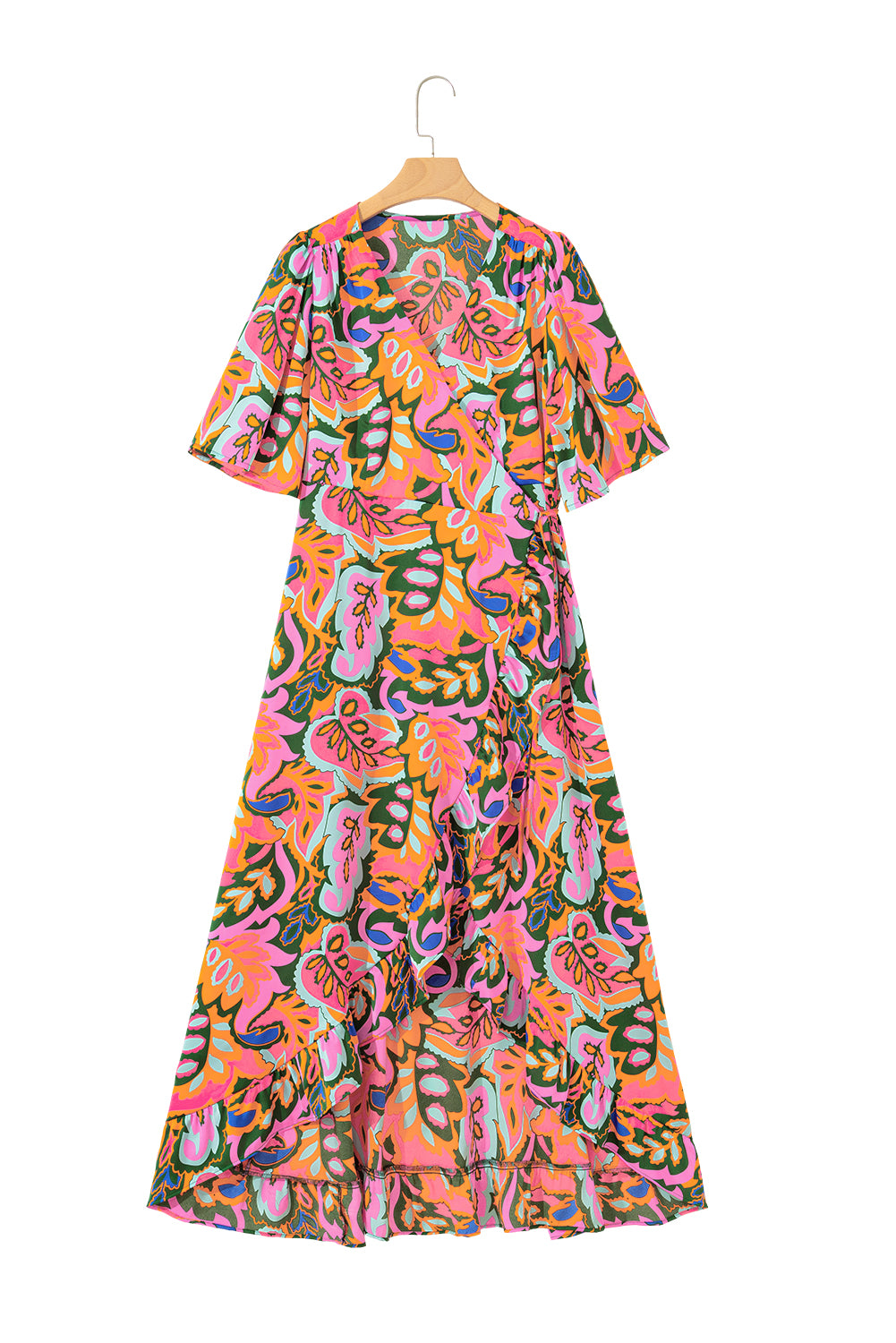 Rose Plant Print Surpliced V Neck Ruffled Asymmetric Slit Wide Short Sleeve Maxi Dress