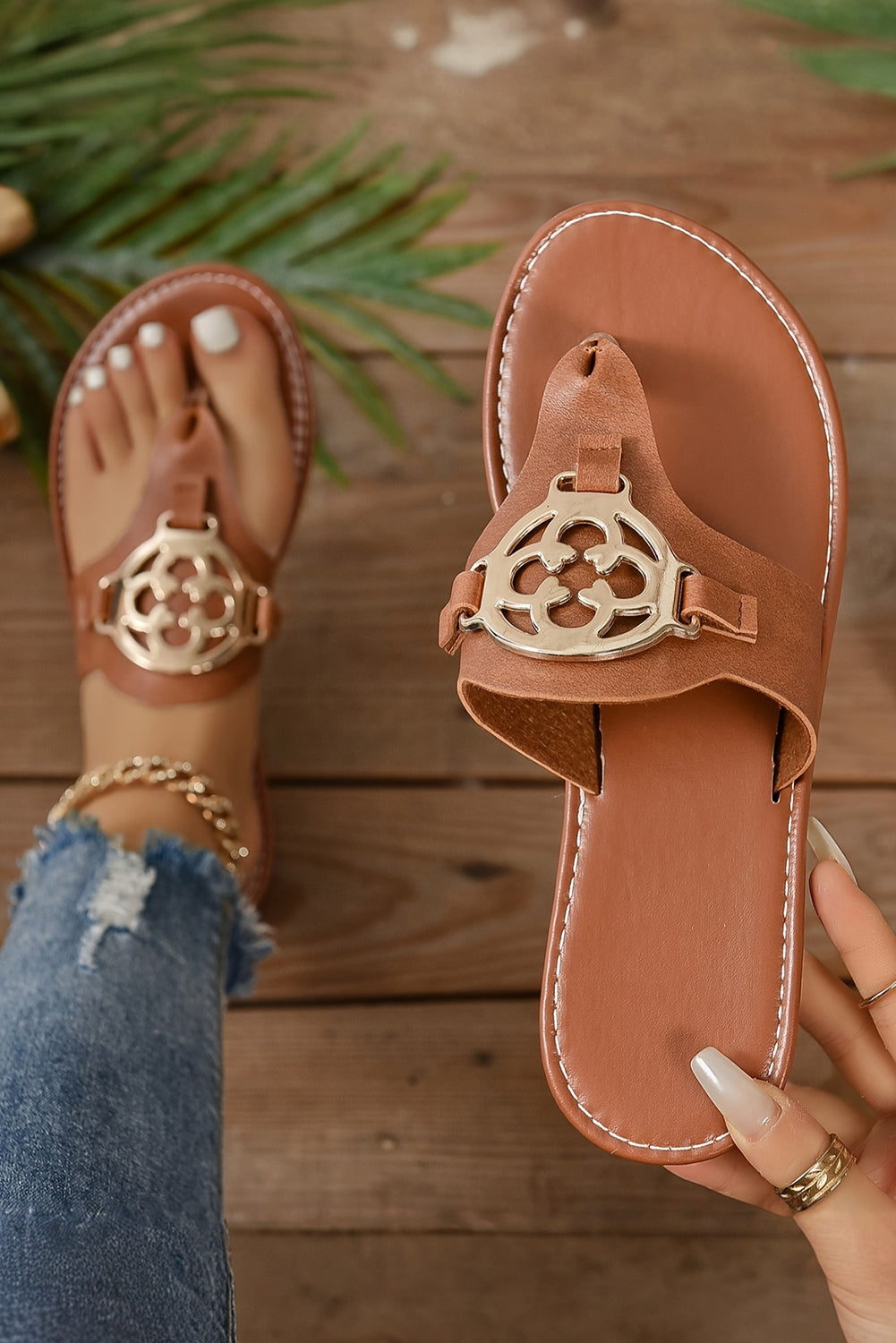 Chestnut Metal Decor Leather Thong Sandals