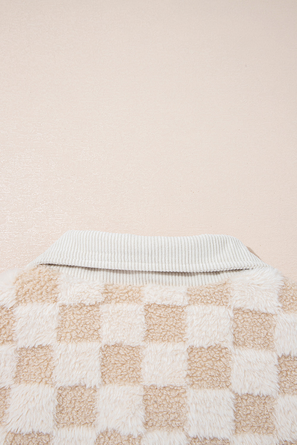 Khaki Checker Sherpa Corduroy Patchwork Zip up Collared Jacket