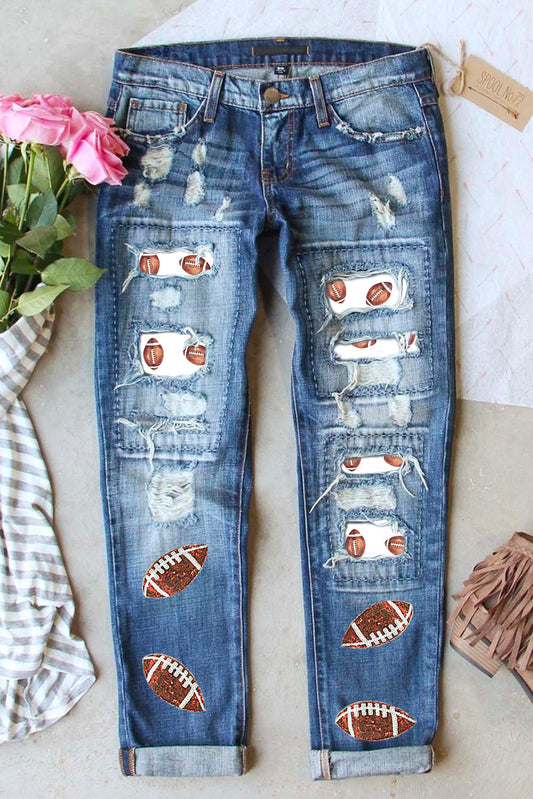 Sky Blue Sequin Football Patchwork Distressed Straight Leg Jeans