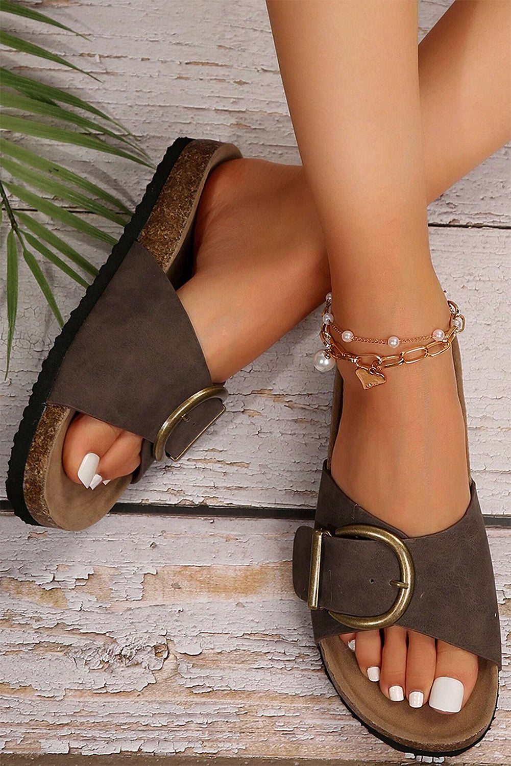 Coffee Buckle Decor Faux Suede Thick Sole Sandals
