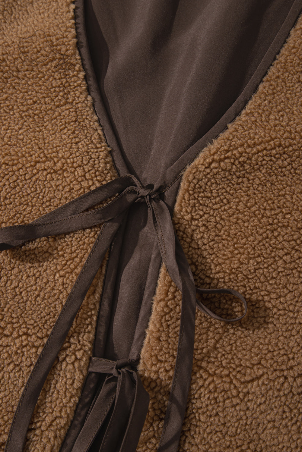 Light French Beige Contrast Trim Tie Front Sherpa Vest