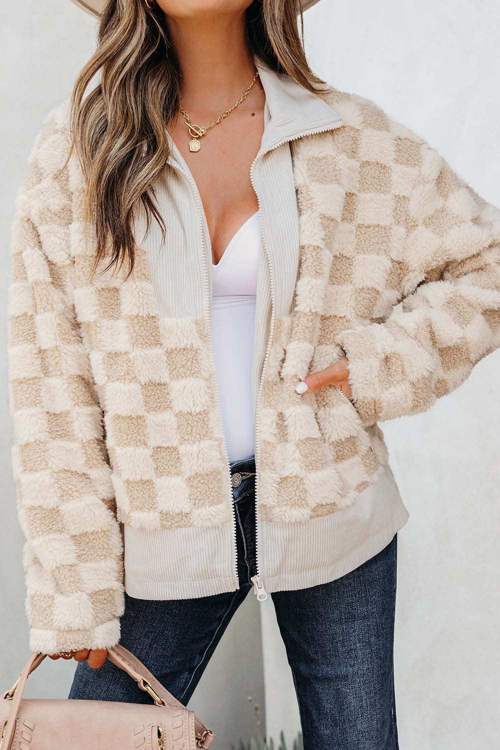Khaki Checker Sherpa Corduroy Patchwork Zip up Collared Jacket