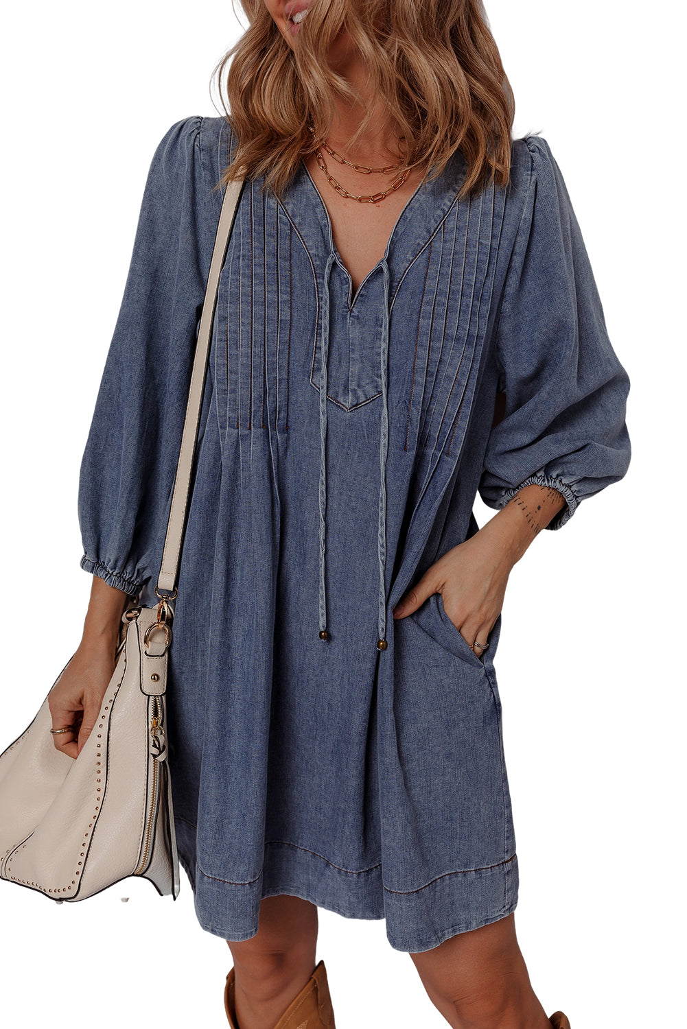 Sail Blue 3/4 Sleeve Tied V Neck Pleated Denim Mini Dress