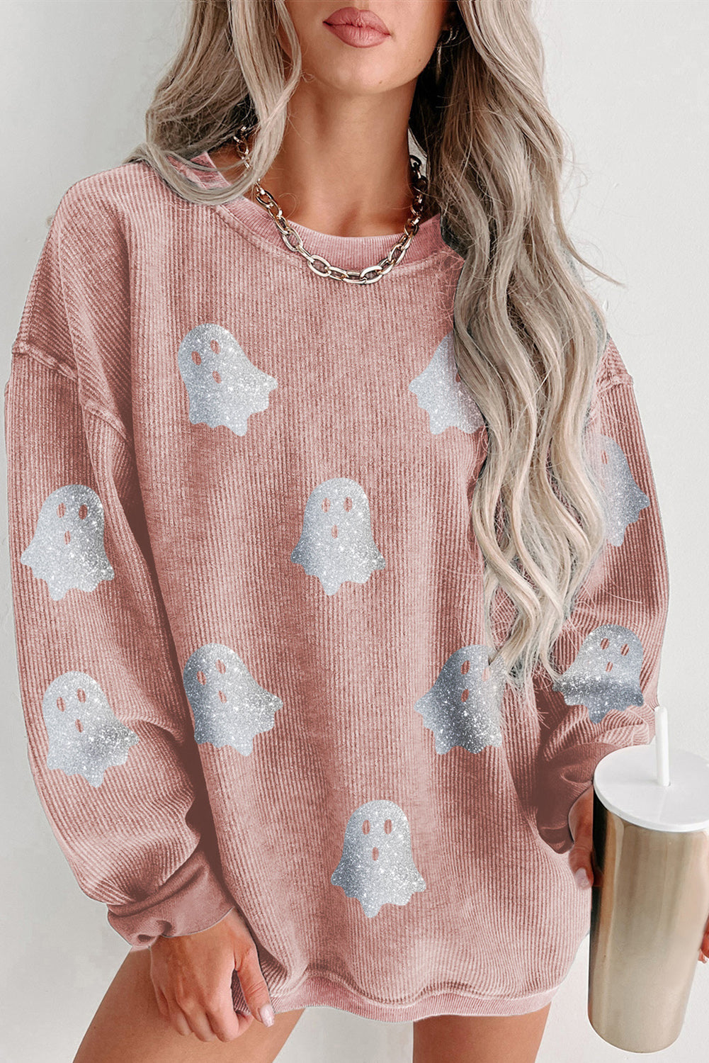 Pink Halloween Ghost Corded Crew Neck Loose Sweatshirt