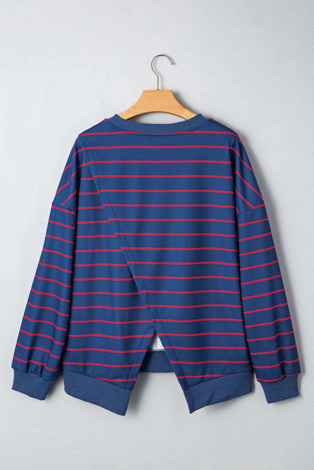 Blue Stripe Stylish Overlap Detail Drop Shoulder Pullover Sweatshirt